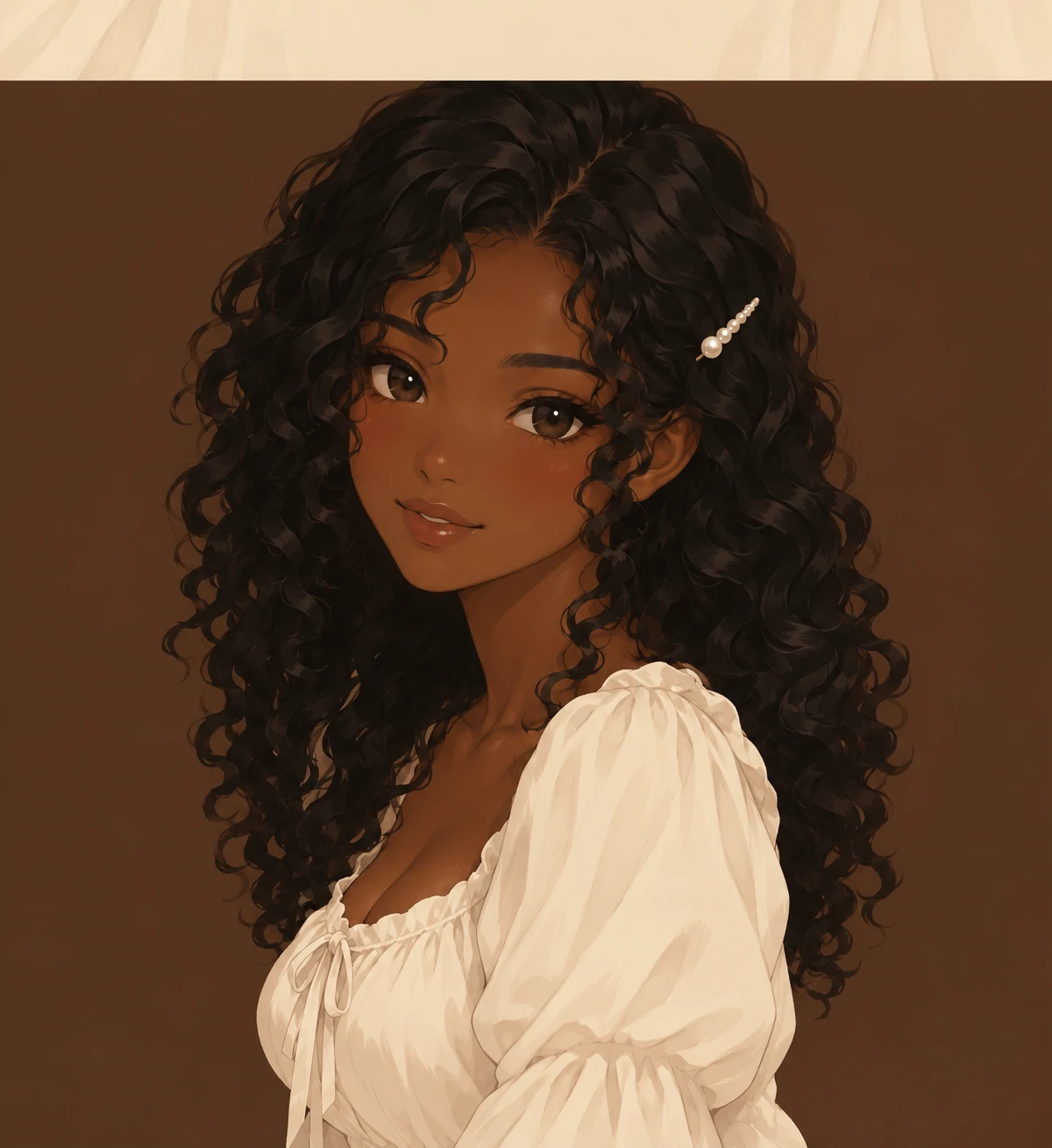 Aesthetic anime girl pfp with black curls, a tender expression, and a single pearl hair pin.