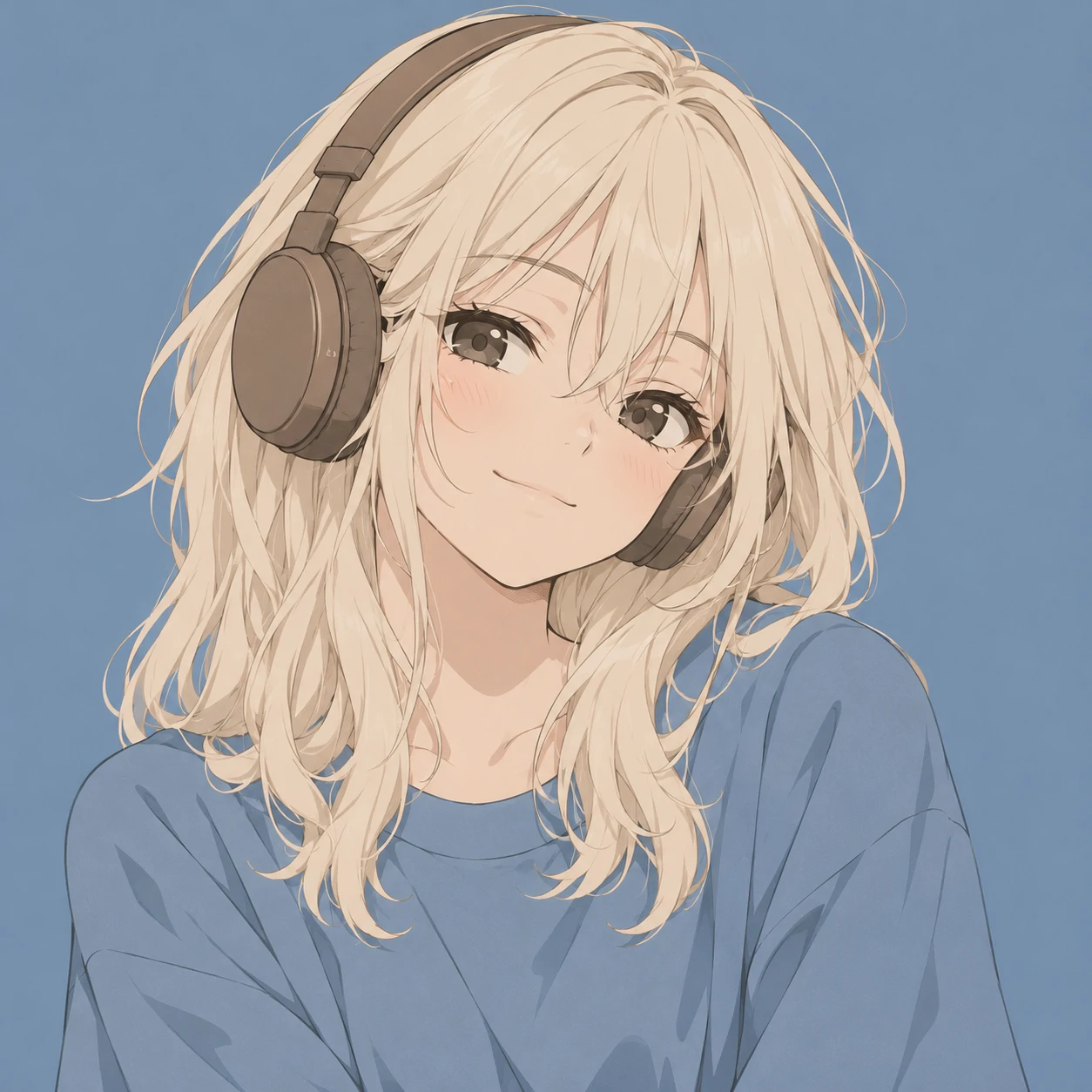 Aesthetic anime girl pfp with cream hair, a relaxed closed-mouth grin, and muted brown headphones.