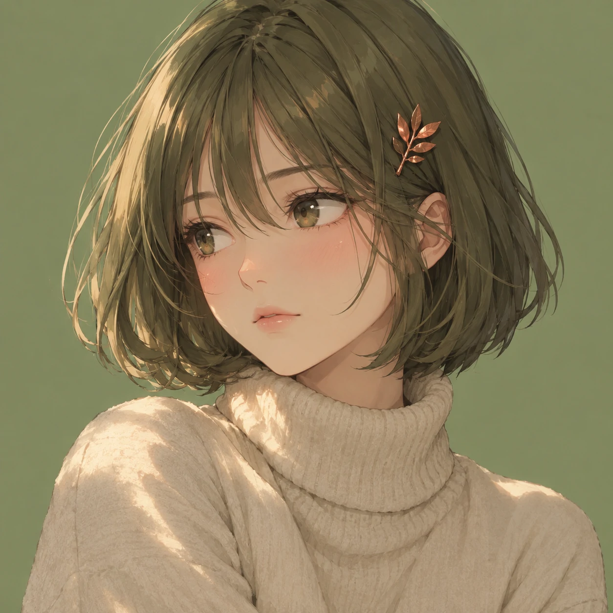 Aesthetic anime girl pfp with an olive bob, a thoughtful expression, and a copper leaf pin.