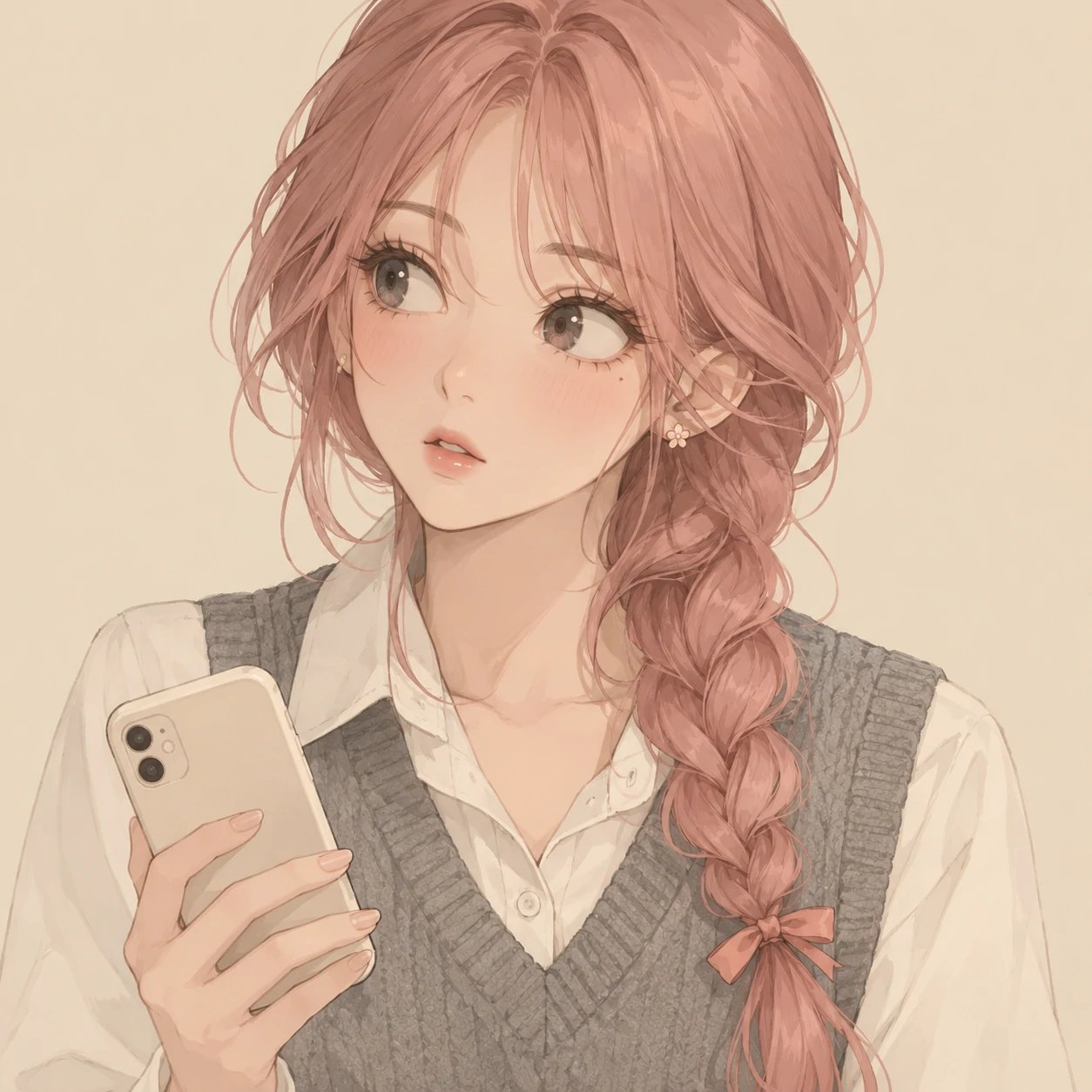 Aesthetic anime girl pfp with a rose braid, a curious expression, and a plain cream phone.