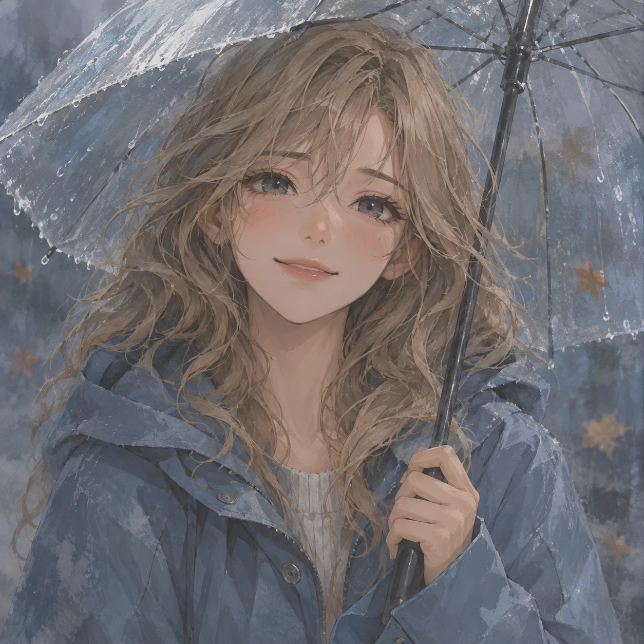 Aesthetic anime girl pfp with sandy waves, a relieved expression, and a small transparent umbrella.