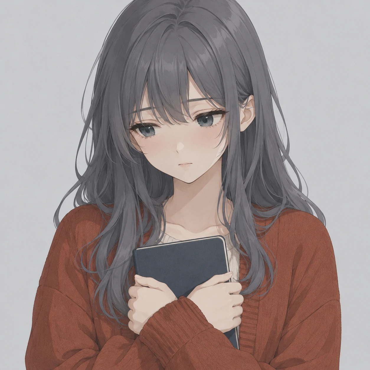 Aesthetic anime girl pfp with slate hair, a wistful expression, and a small closed notebook.
