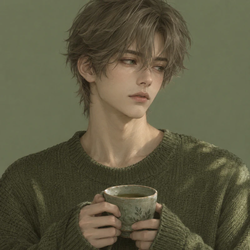 Ash-haired young man with a reflective expression holding tea, aesthetic femboy pfp