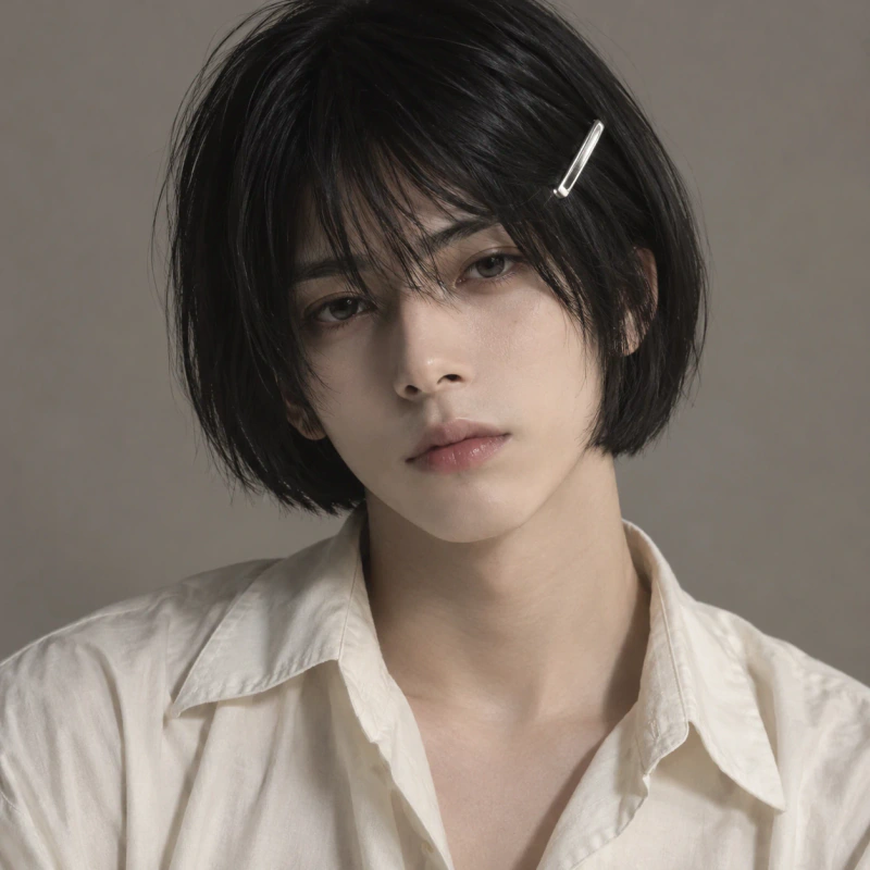 Black-haired young man with a reserved expression and silver barrette, aesthetic femboy pfp