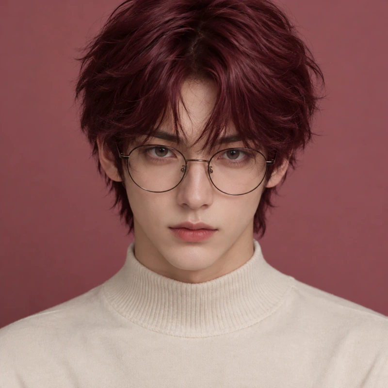 Burgundy-haired young man with a focused expression and round glasses, aesthetic femboy pfp