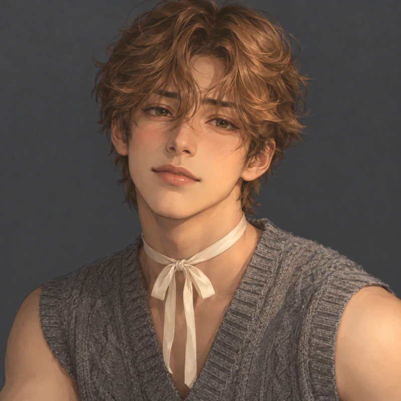 Caramel-haired young man with an easygoing expression and knit vest, aesthetic femboy pfp