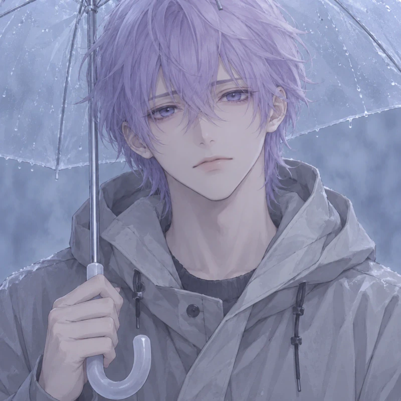 Lilac-haired young man with a gentle sad look holding an umbrella, aesthetic femboy pfp
