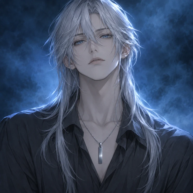 Silver-haired young man with a distant expression and brushed pendant, aesthetic femboy pfp