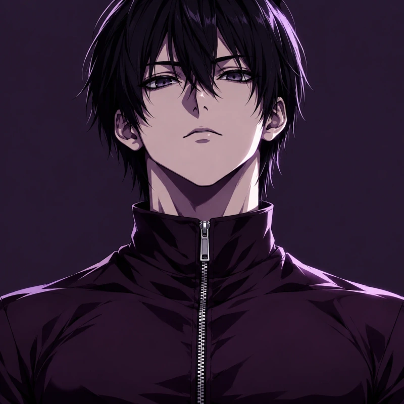 Black-haired young man with a cool serious stare and silver zipper, anime femboy pfp