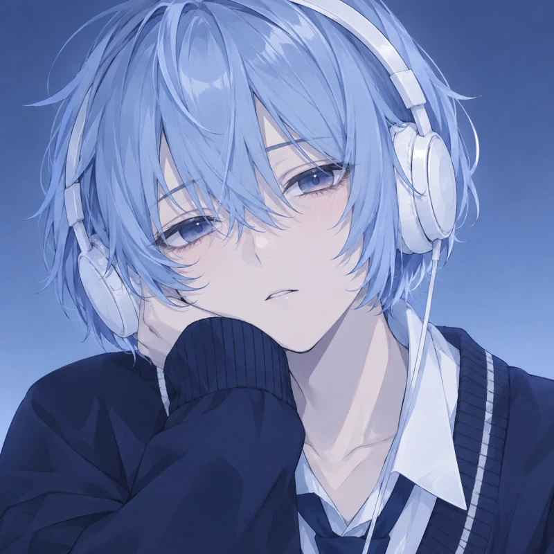Blue-haired young man with sleepy eyes and white headphones, anime femboy pfp