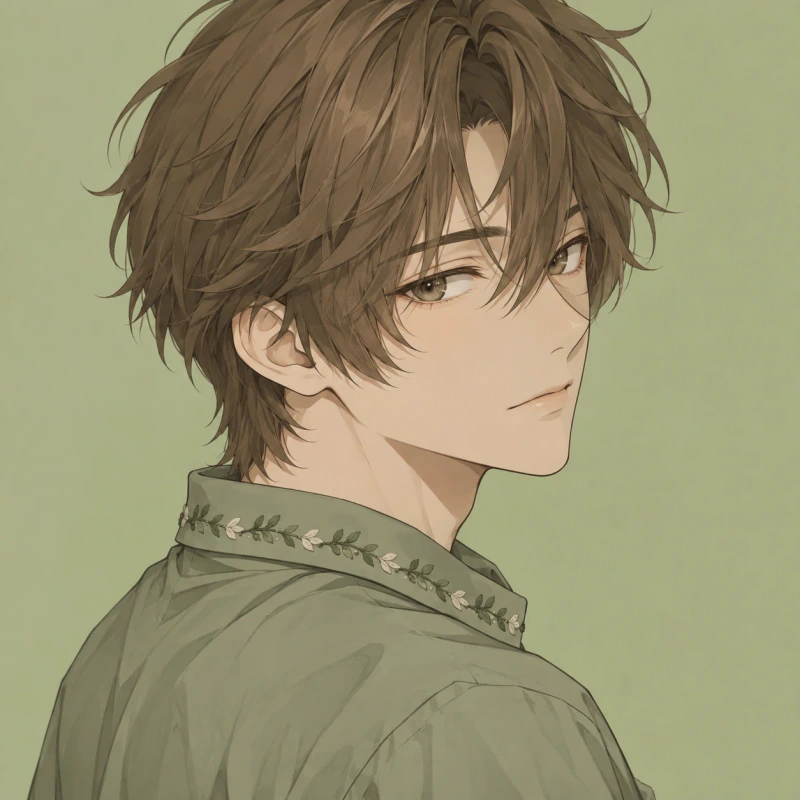 Brown-haired young man with a calm side-glance and embroidered collar, anime femboy pfp