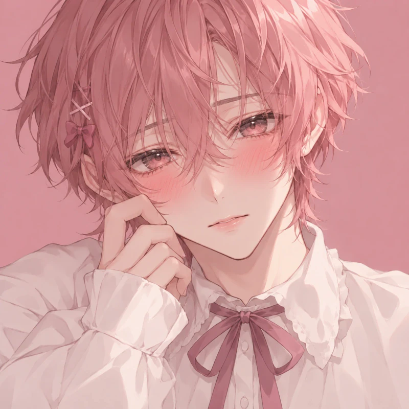 Rose-haired young man with a shy blush and hand near his cheek, anime femboy pfp