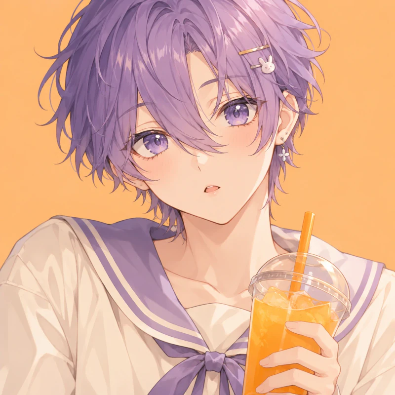 Violet-haired young man with a curious expression holding an orange drink, anime femboy pfp