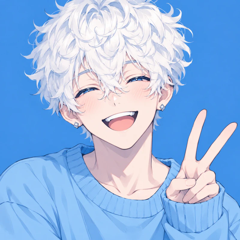 White-haired young man with a wide happy smile and peace sign, anime femboy pfp