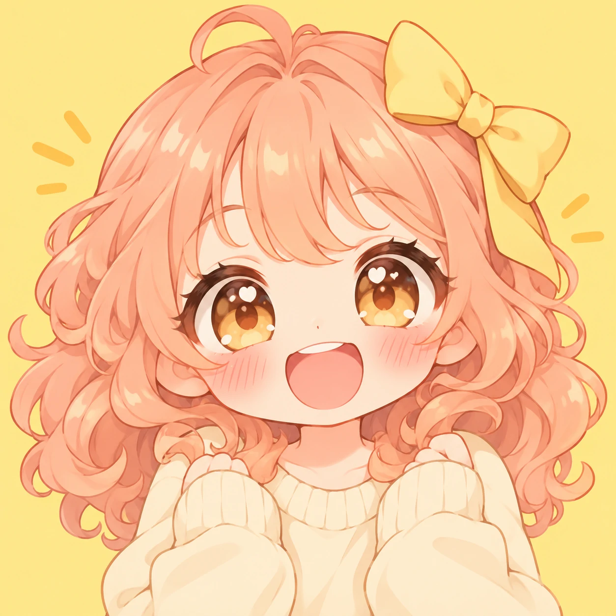 Chibi anime girl pfp with a wide happy smile, peach curls, and a yellow ribbon.