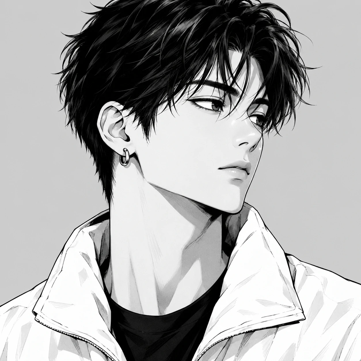 Manga companion boy for an anime girl pfp collection, showing a calm side-glance and silver earring.