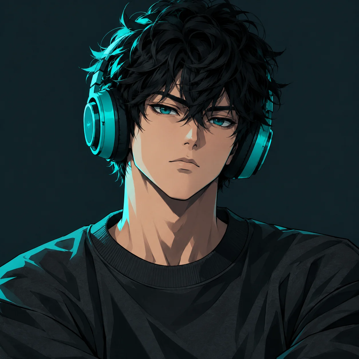 Companion boy for an anime girl pfp theme, wearing teal headphones with a cool serious stare.
