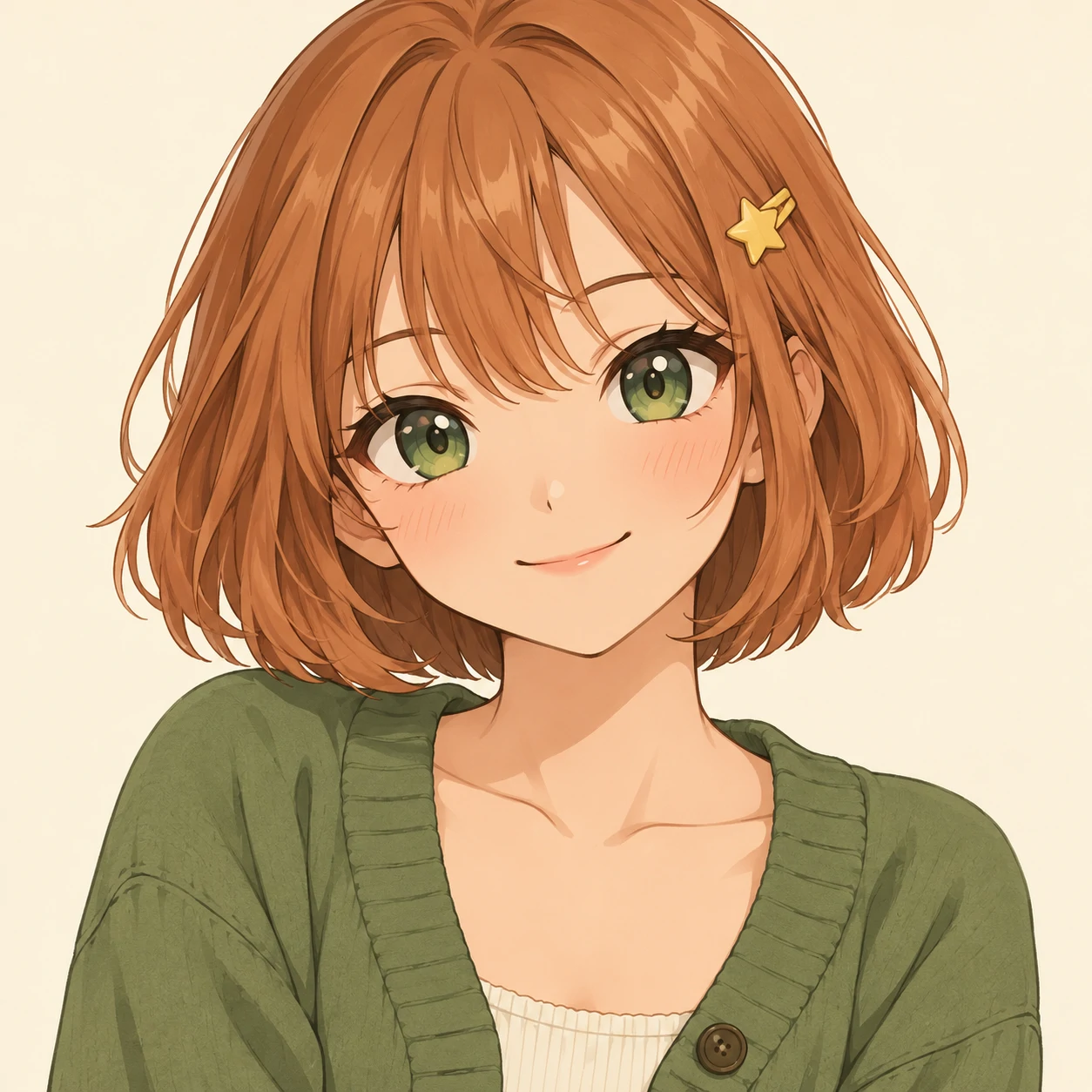 Copper-haired anime girl pfp with a soft smile, green eyes, and a small star clip.