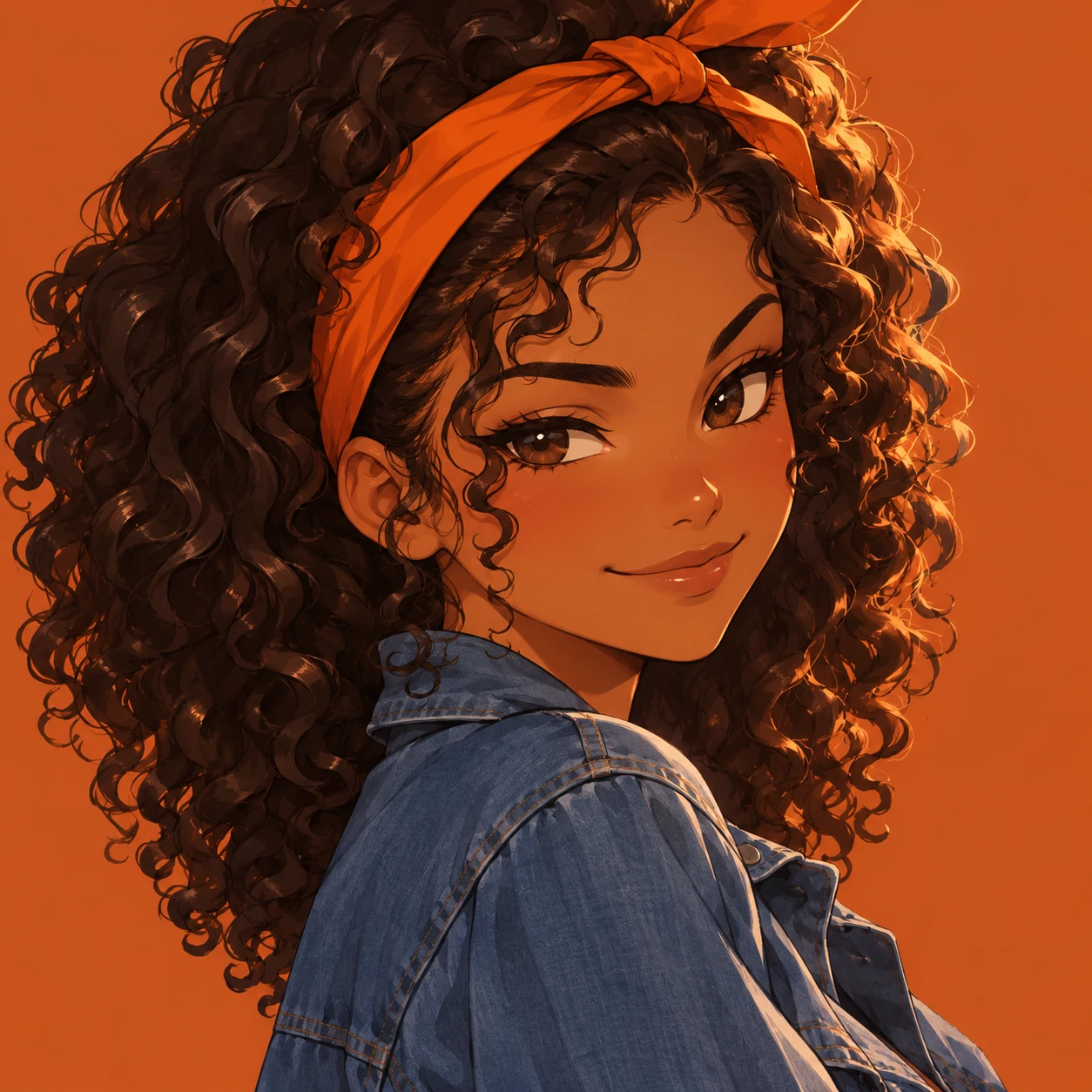 Curly-haired anime girl pfp with a confident smirk, warm brown skin, and an orange hairband.