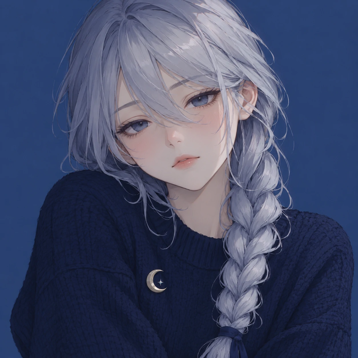 Silver-braided anime girl pfp with sleepy eyes, a navy sweater, and a crescent pin.