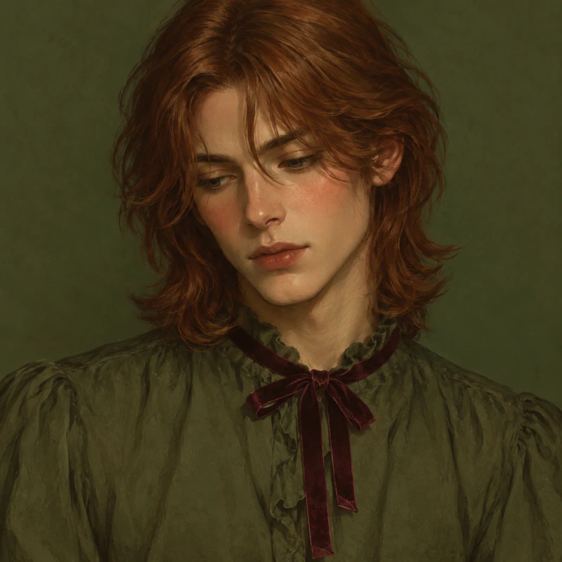 Auburn-haired young man with a thoughtful expression and velvet ribbon, painted femboy pfp