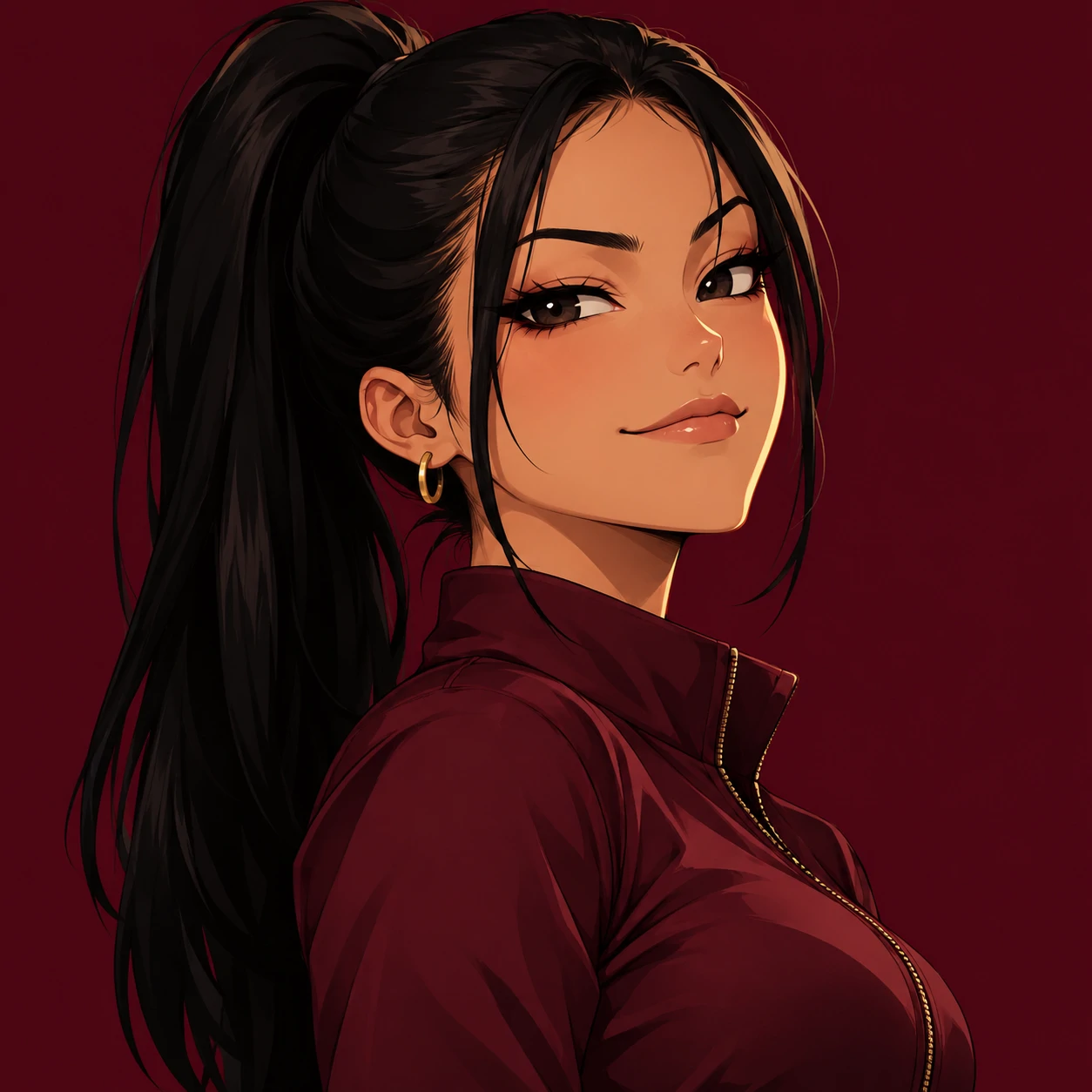 Baddie anime girl pfp with a confident smirk, black ponytail, and small gold hoop earrings.