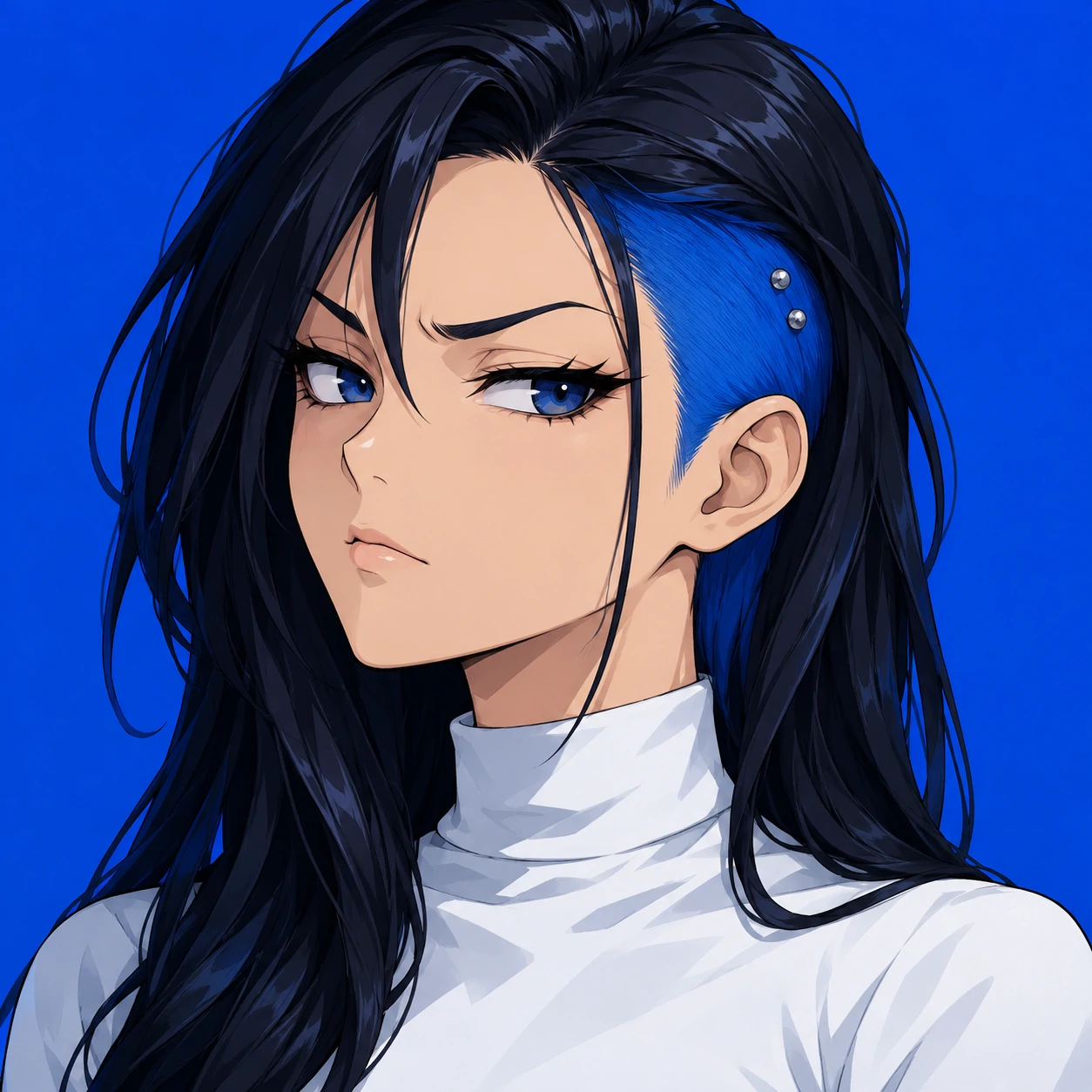 Baddie anime girl pfp with a sceptical expression, blue undercut, and two small silver studs.