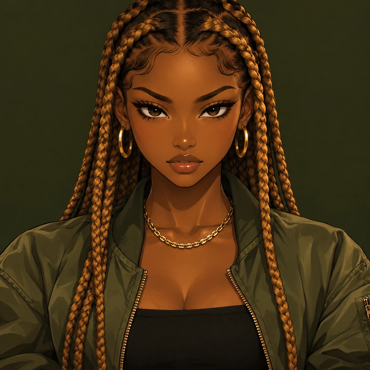 Baddie anime girl pfp with honey braids, a determined expression, and a short gold chain.