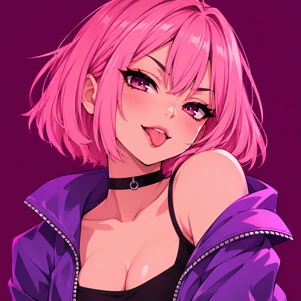 Baddie anime girl pfp with a teasing expression, pink bob, and a small black choker.