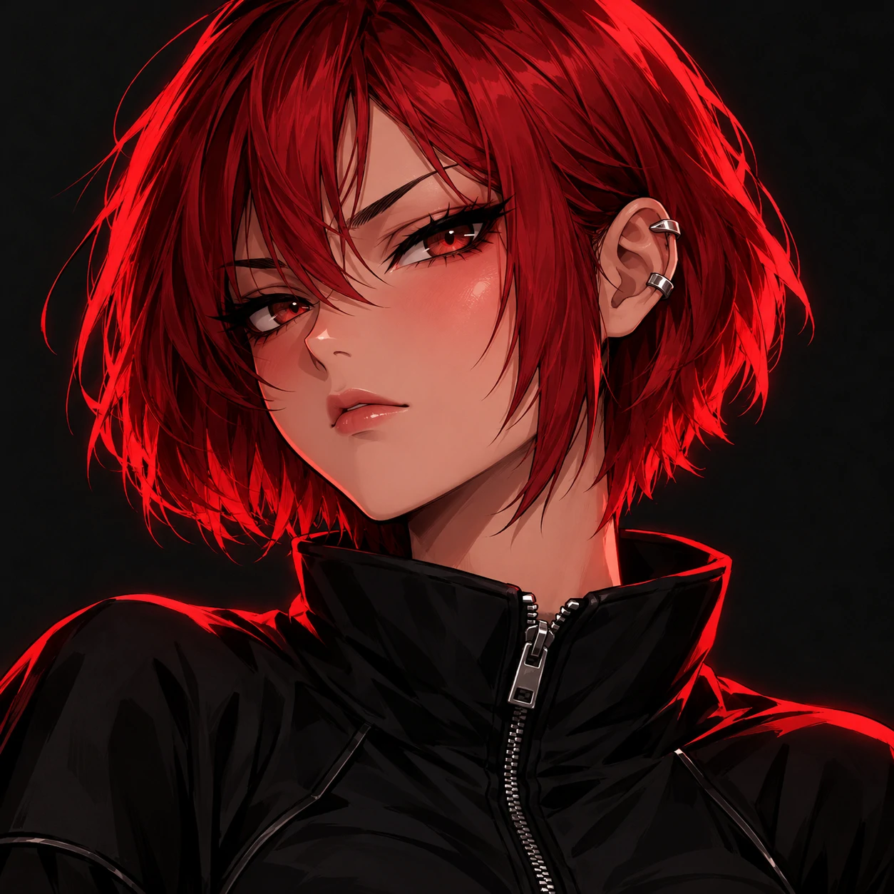 Baddie anime girl pfp with a challenging expression, red cropped hair, and a steel ear cuff.