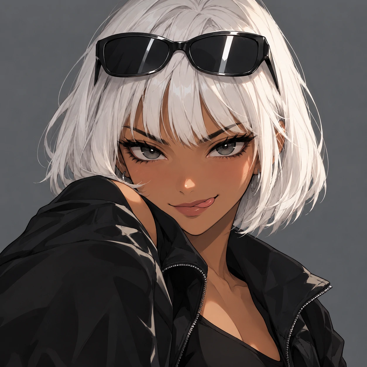 Baddie anime girl pfp with a mischievous expression, white bob, and sunglasses resting above her forehead.