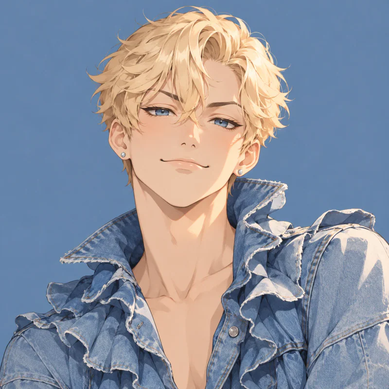 Blond young man with a confident smirk and ruffled denim jacket, anime femboy pfp