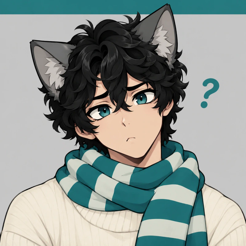 Black-haired adult cartoon catboy with a puzzled expression and striped scarf, catboy femboy pfp