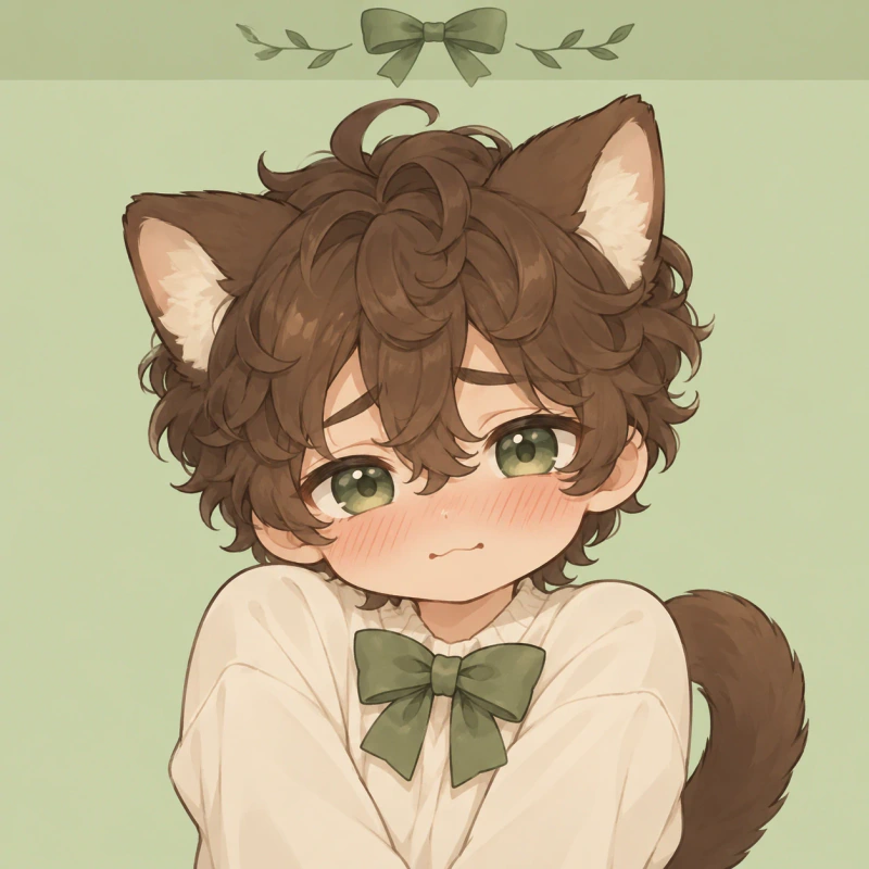 Brown-haired adult chibi catboy with a bashful expression and green bow, catboy femboy pfp