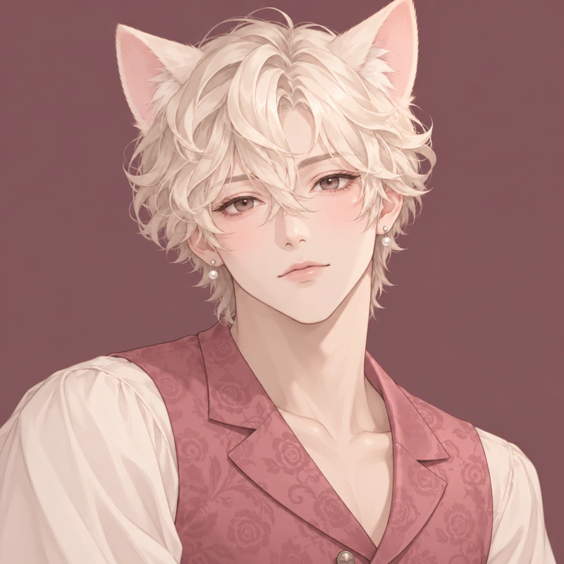 Cream-haired young catboy with a serene expression and rose vest, catboy femboy pfp