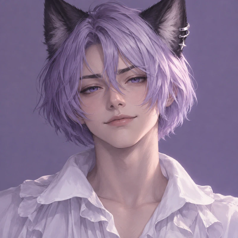 Lilac-haired young catboy with a knowing expression and silver ear cuff, catboy femboy pfp