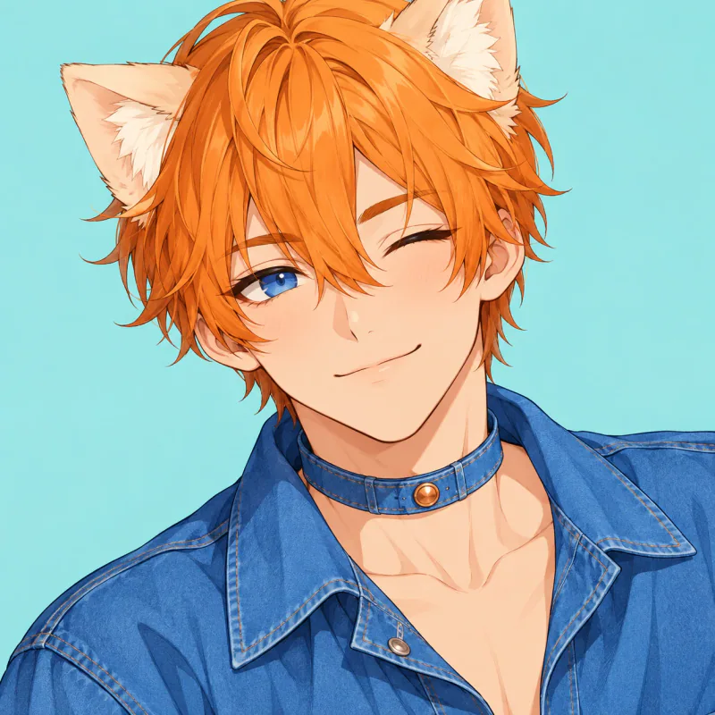 Orange-haired young catboy with a wink and blue denim collar, catboy femboy pfp
