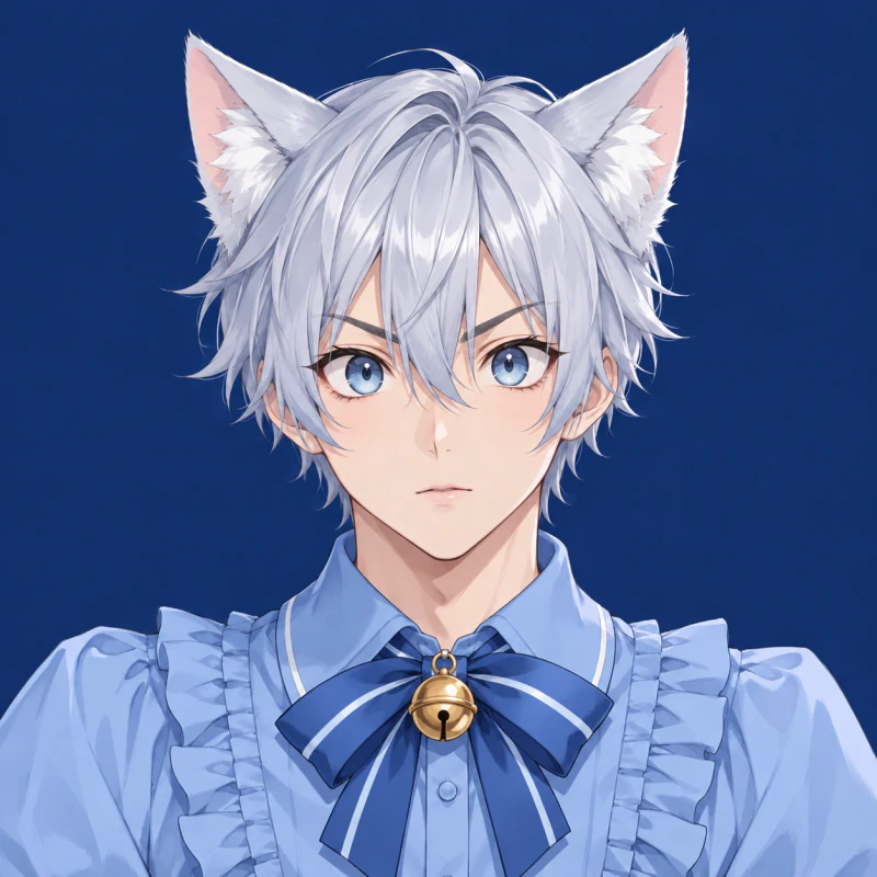 Silver-haired young catboy with an alert expression and bell ribbon, catboy femboy pfp