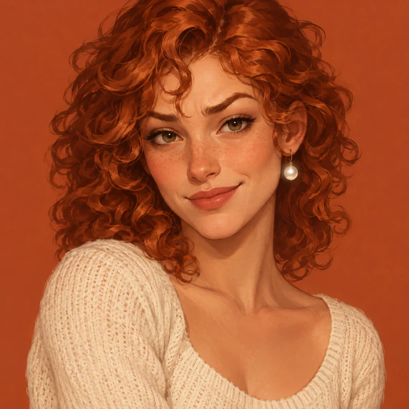 Copper-haired young woman with an amused expression and pearl earring, soft femboy pfp companion