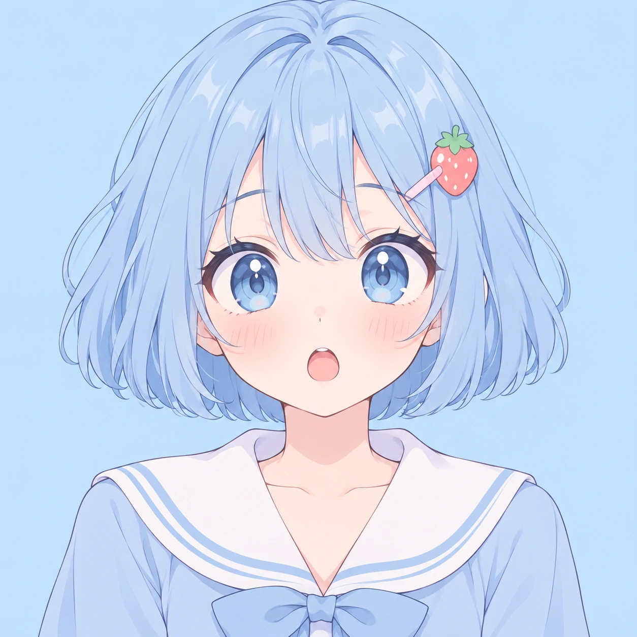 Cute anime girl pfp with a surprised expression, powder-blue bob, and a strawberry hair clip.