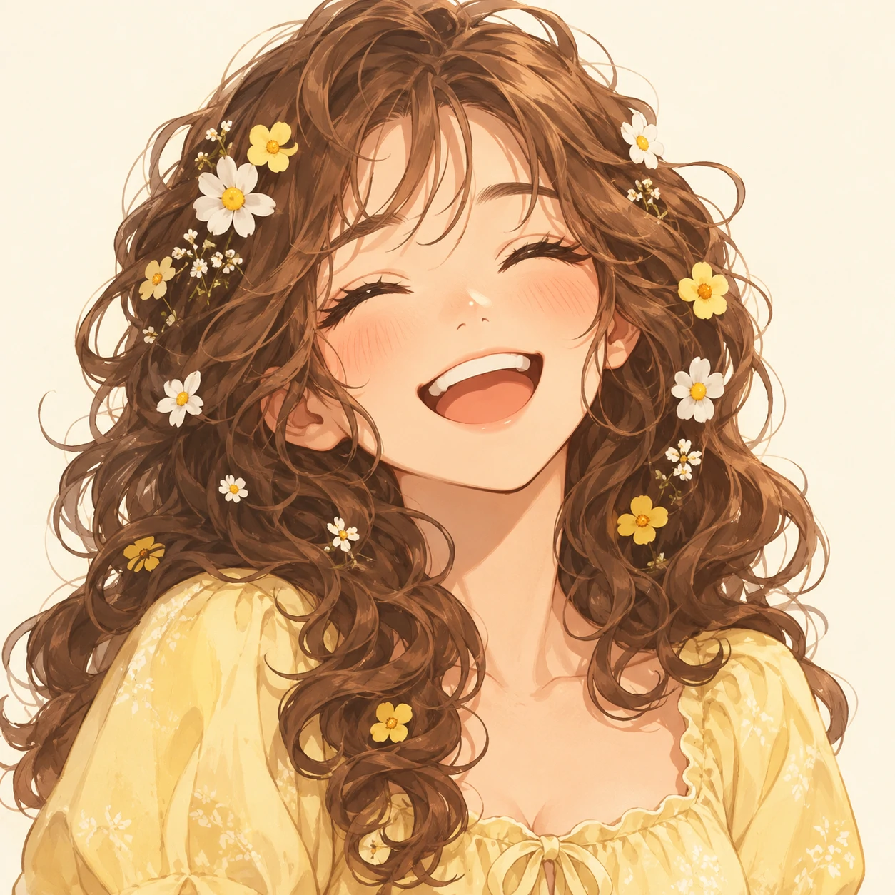 Cute anime girl pfp with brown curls, a laughing expression, and small flowers in her hair.