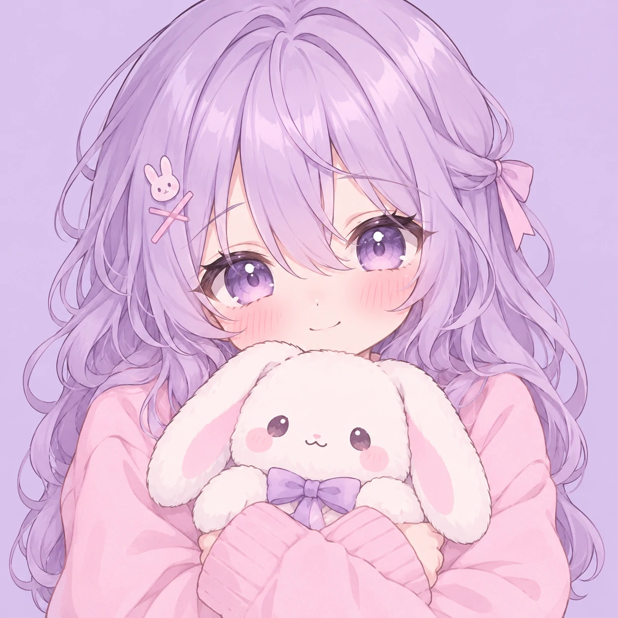 Cute anime girl pfp with a shy blush, lilac hair, and a small plush bunny.