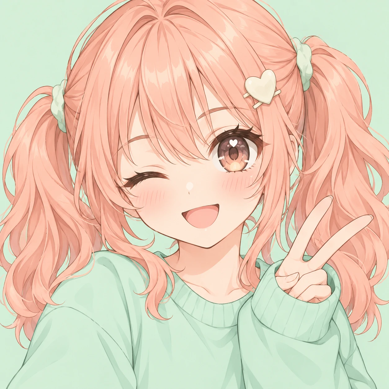 Cute anime girl pfp with peach pigtails, a wink, and a cream heart-shaped hair clip.
