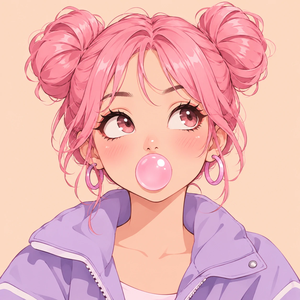 Cute anime girl pfp with pink hair buns, a playful pout, and a small gum bubble.