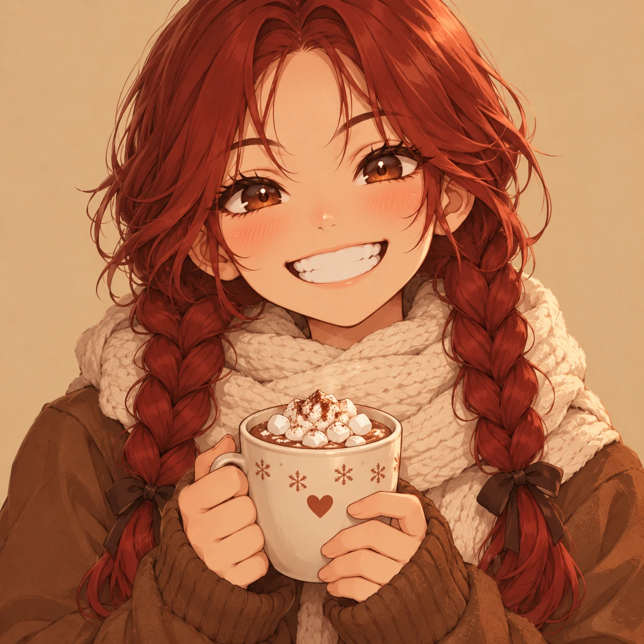 Cute anime girl pfp with red braids, a toothy grin, and a little cocoa mug.