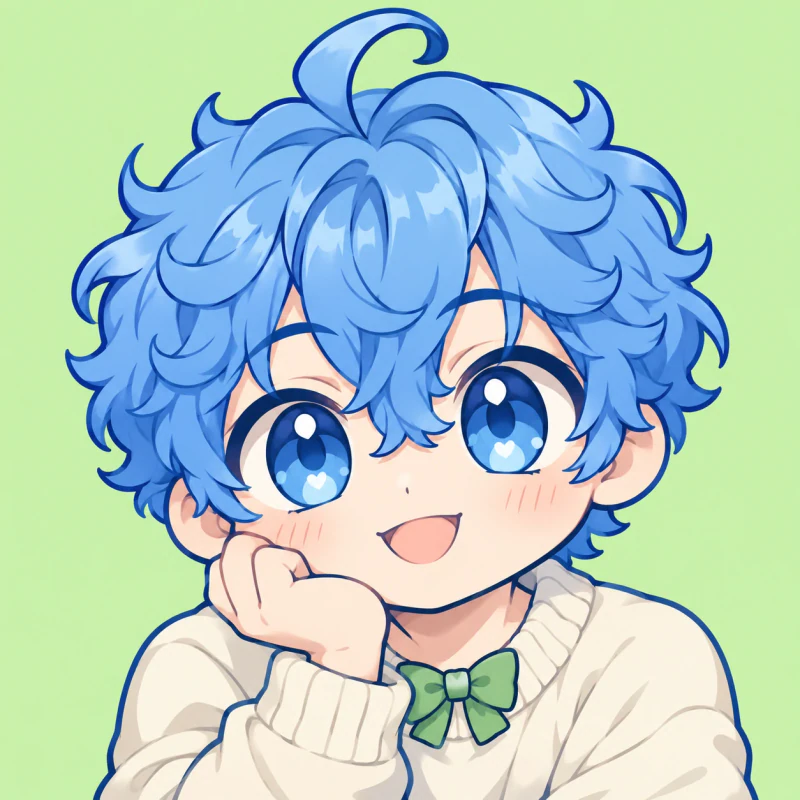 Blue-haired adult chibi man with an eager expression resting his chin, cute femboy pfp