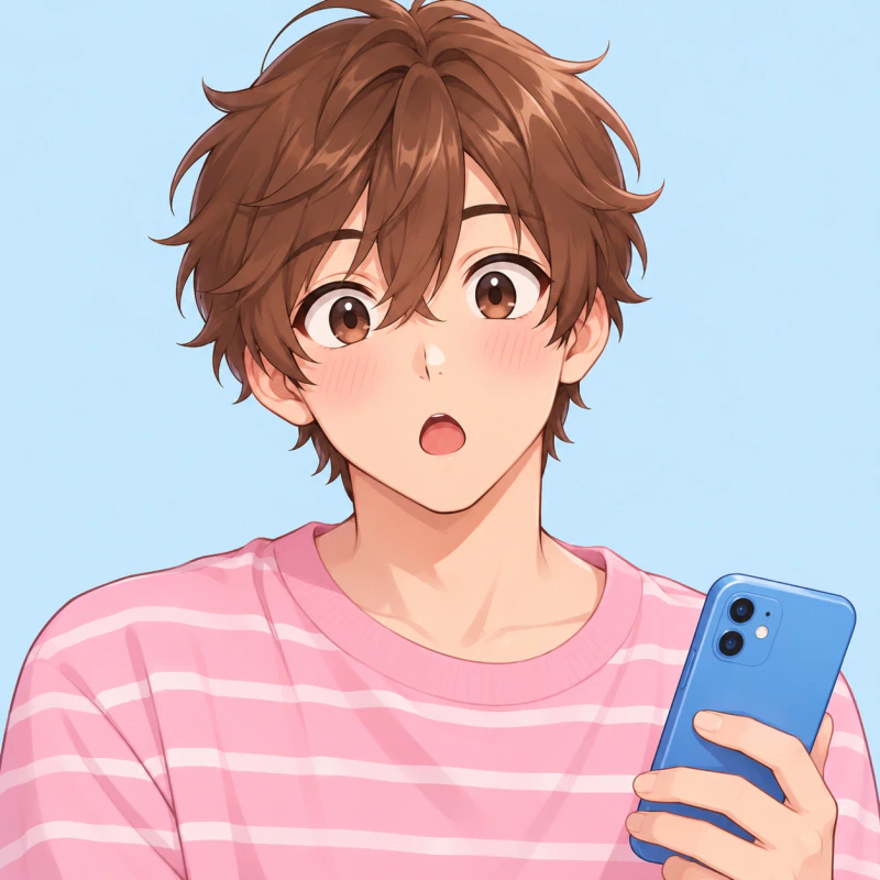 Chestnut-haired young man with a surprised expression holding a blue phone, cute femboy pfp