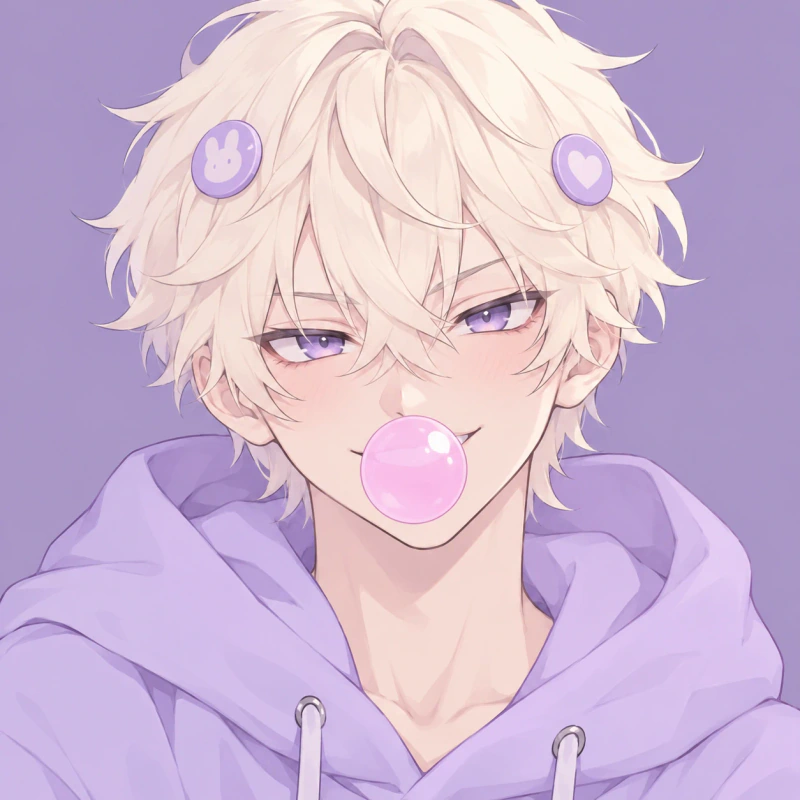 Cream-haired young man with a mischievous expression blowing a pink bubble, cute femboy pfp