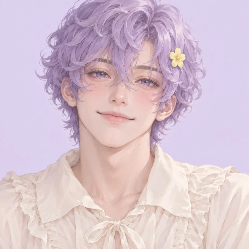 Lavender-haired young man with a pleased expression and flower clip, cute femboy pfp