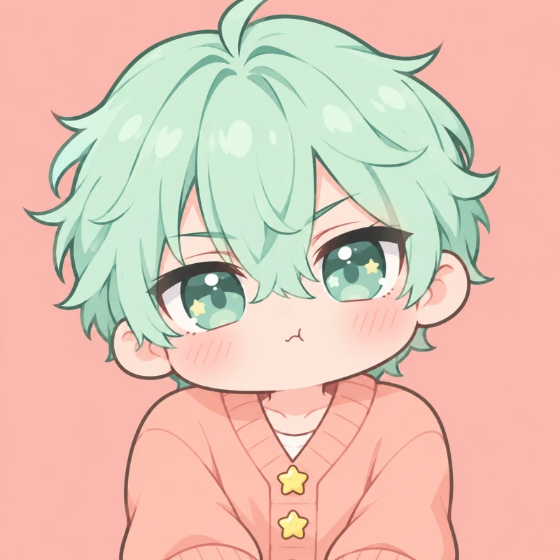 Mint-haired adult chibi character with a pout and yellow star buttons, cute femboy pfp